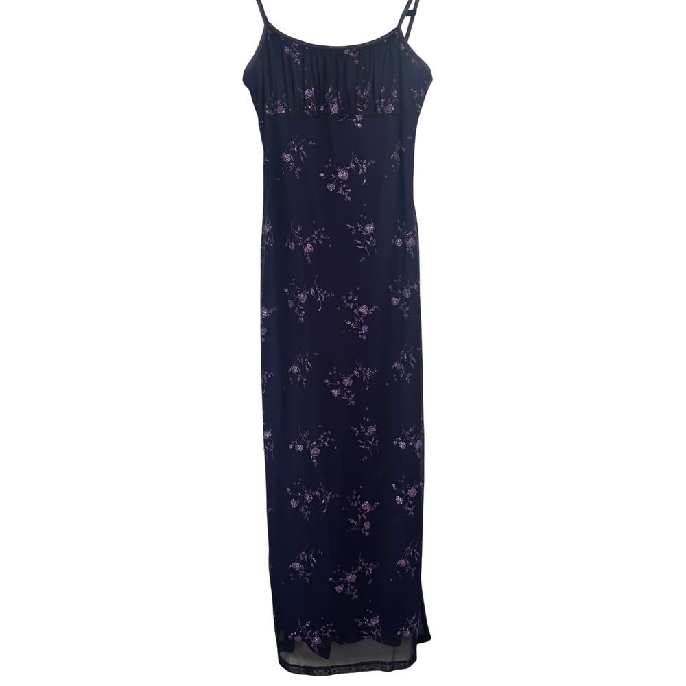 Vintage Purple Glitter Floral Mesh Maxi Dress Medium Y2K Fairy Whimsygoth